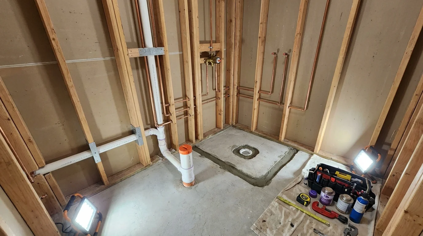 Bathroom rough-in plumbing during remodel by Johns Plumbing LLC in Blanchester