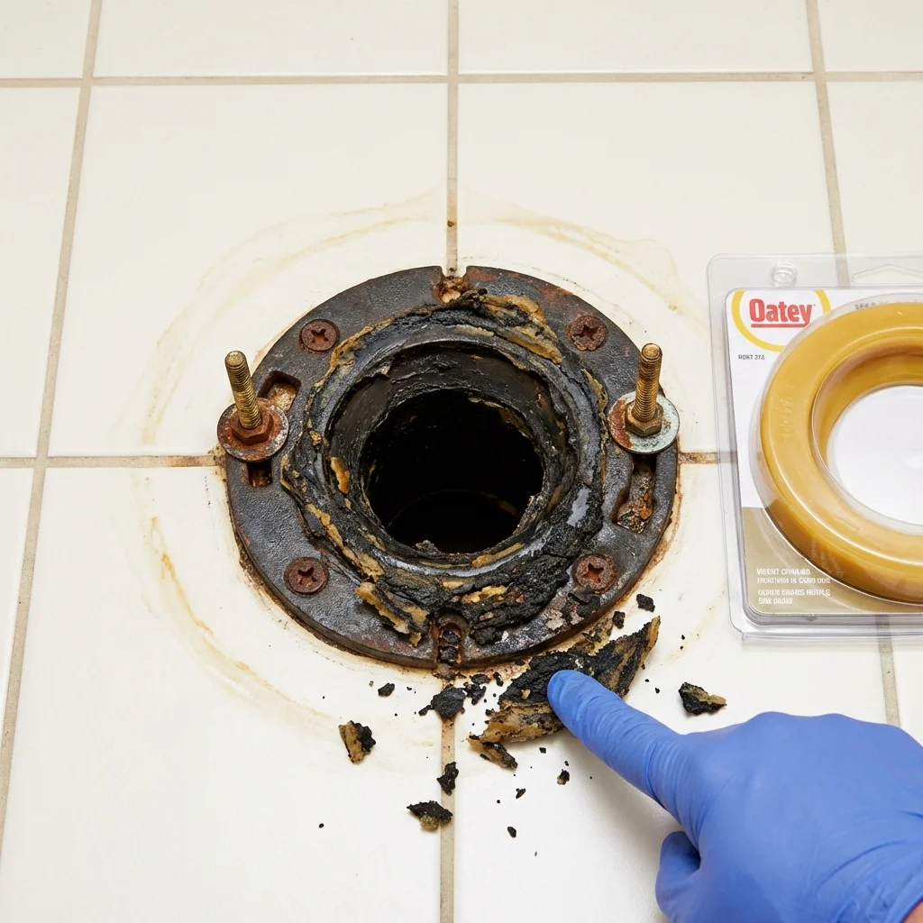 Failed wax ring showing water seepage at the base of a toilet in a Blanchester, OH home