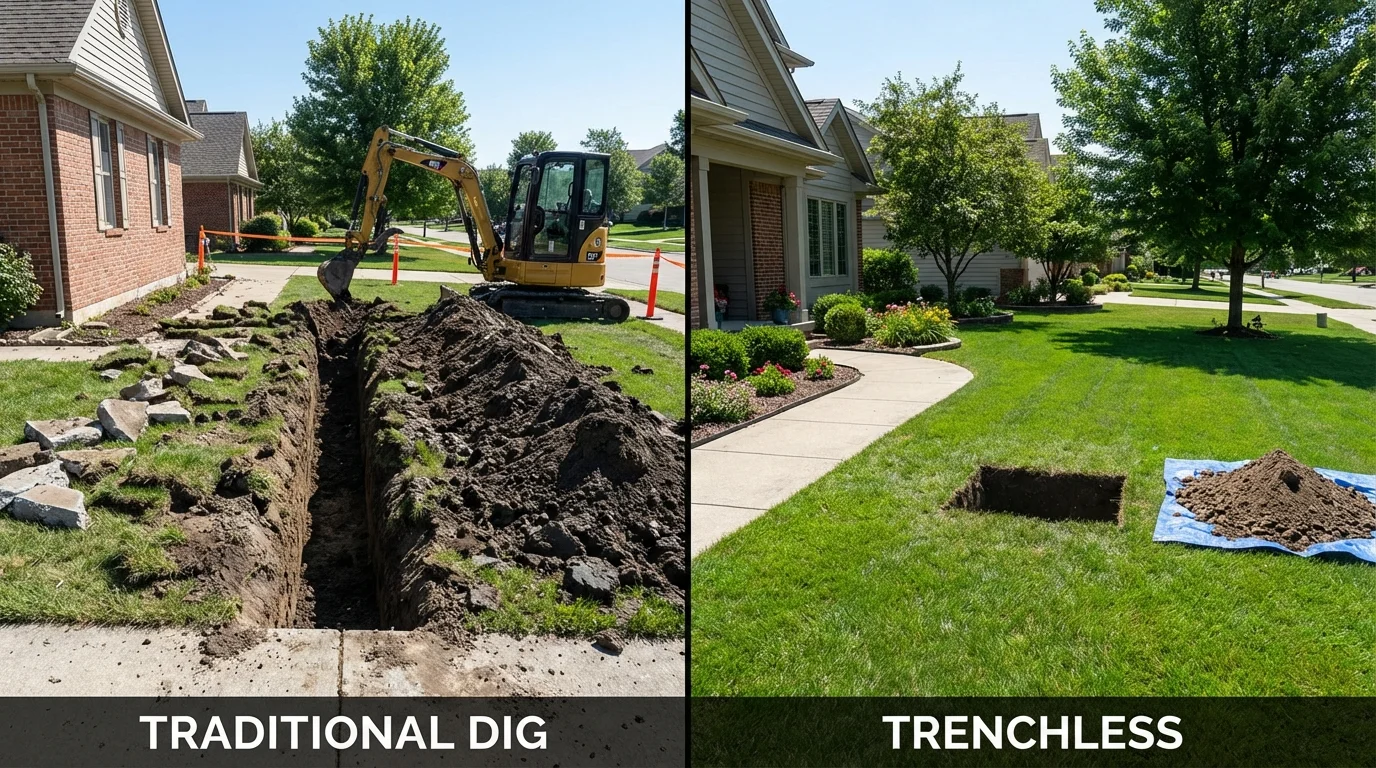 Trenchless sewer repair with minimal yard damage versus traditional excavation in Blanchester, OH