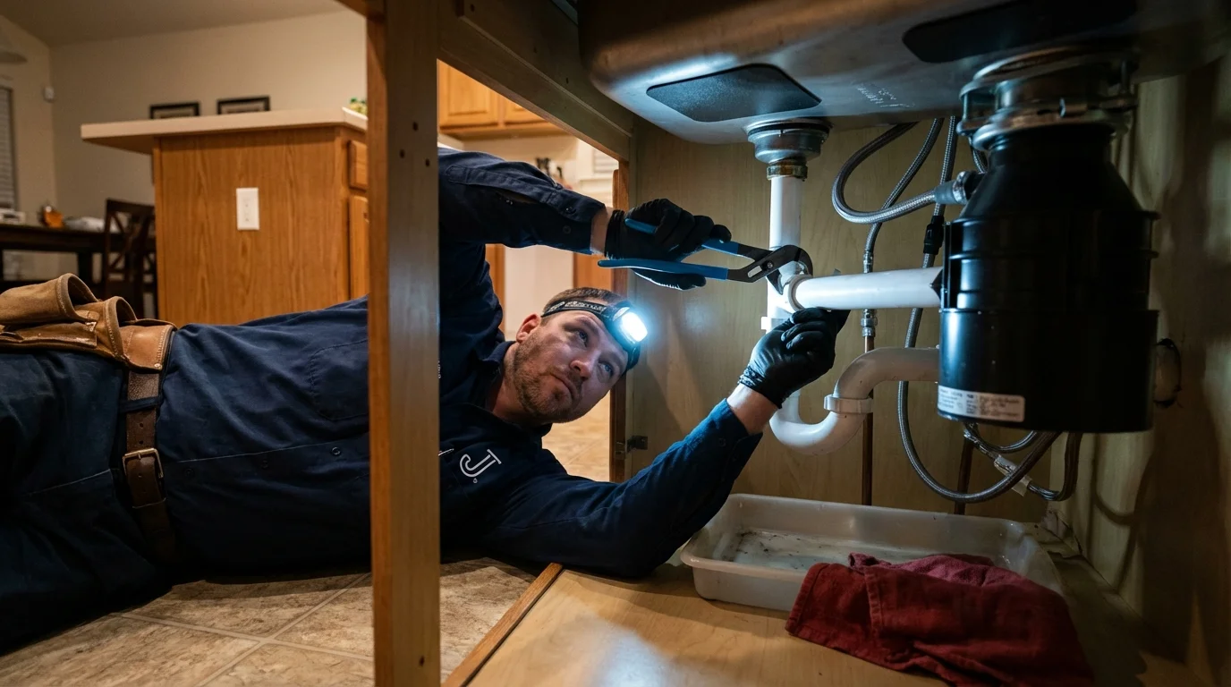 P-trap and supply line connections under a kitchen sink showing a common leak point in Blanchester, OH